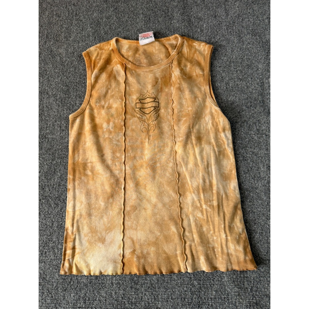 Harley Davidson Womens Tie Dye Sleeveless Tank Top Orange Lettuce Edge Large USA